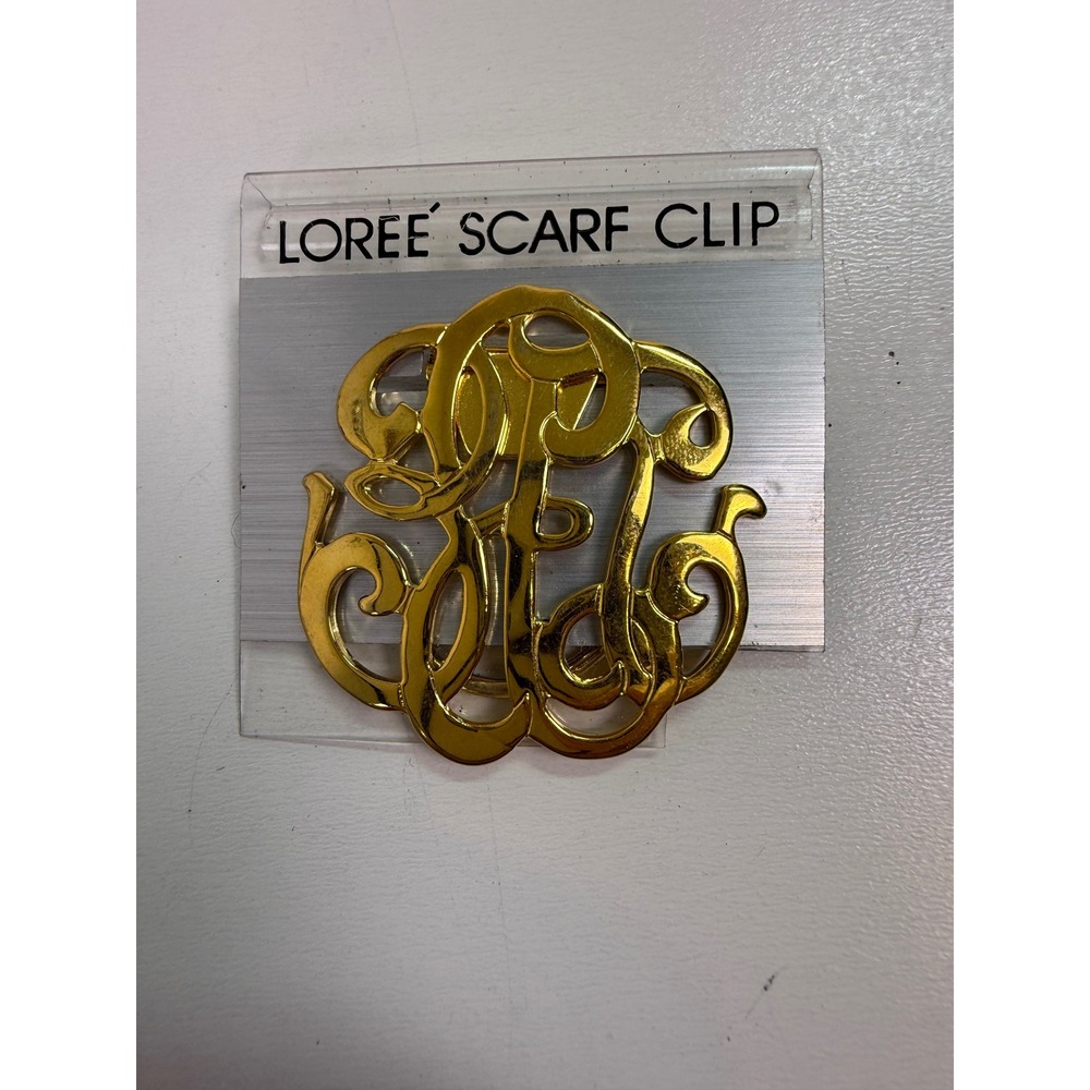 Loree Scarf Clip Gold Tone Monogram Filigree Scroll Cutout Vintage Style